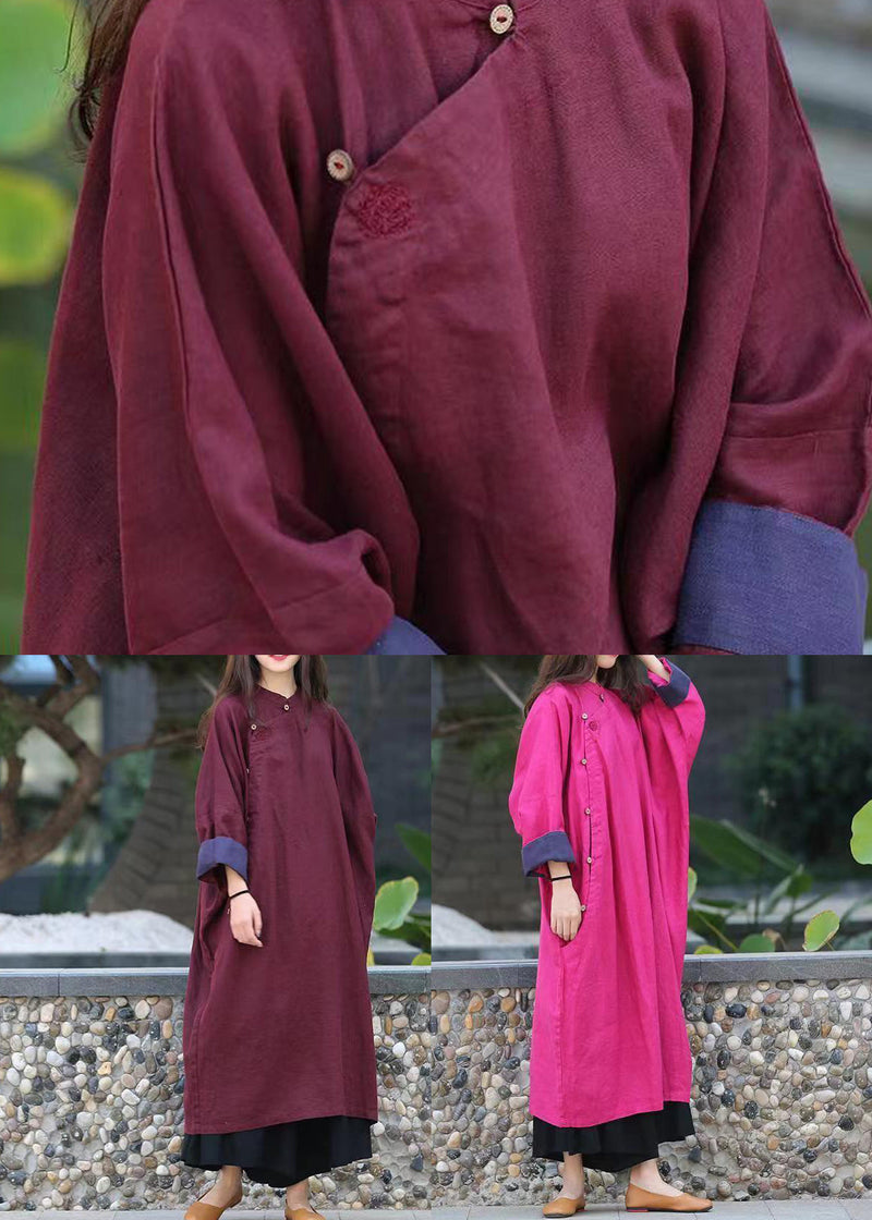 Rose Loose Linen Gown Button Stand Collar Spring