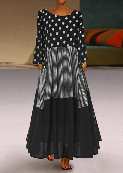 Round Neck Polka Dot Long Sleeve Dress Black