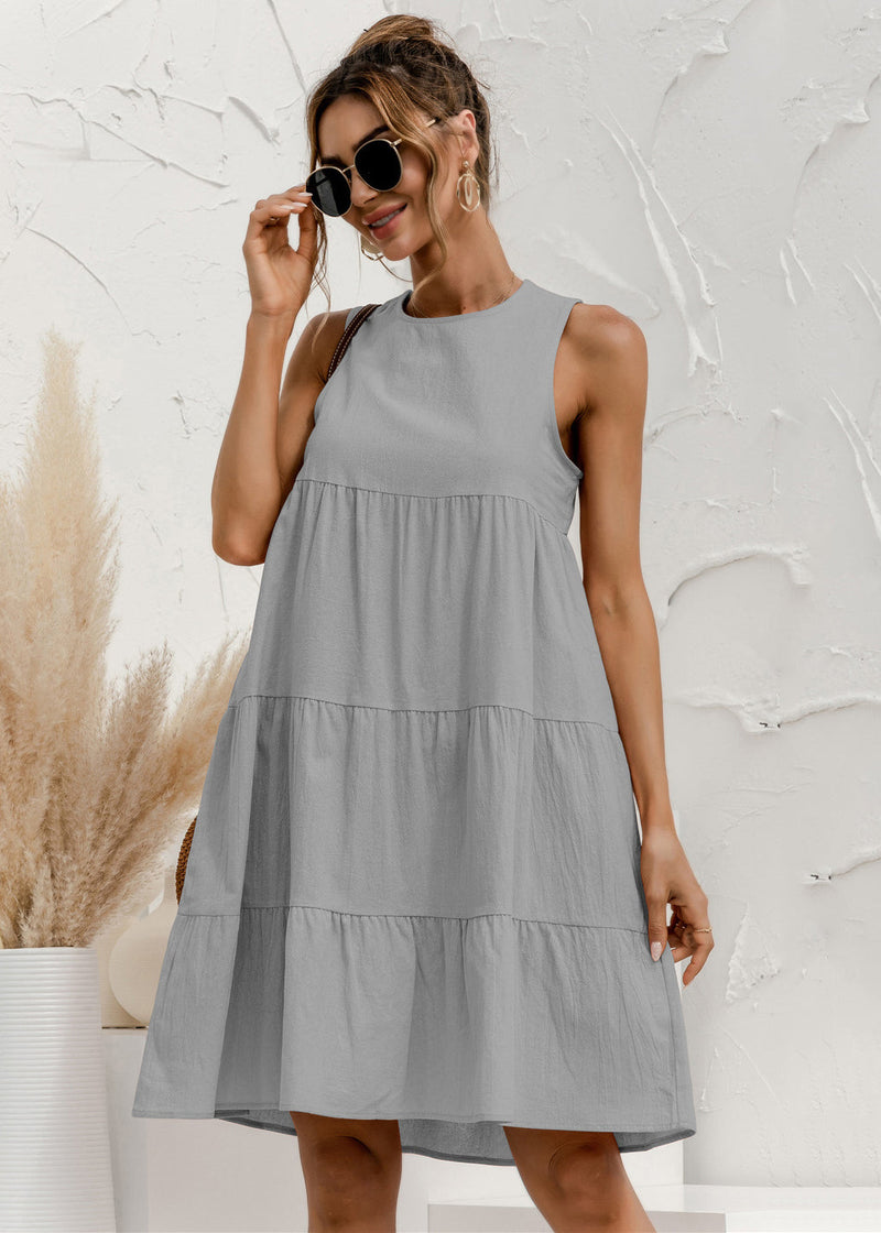 Round Neck Sleeveless Patchwork Cotton a Line Dress Summer