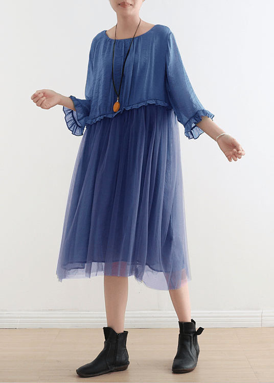Blue Flower Tull Maxi Dresses Patchwork Chiffon Summer Dresses