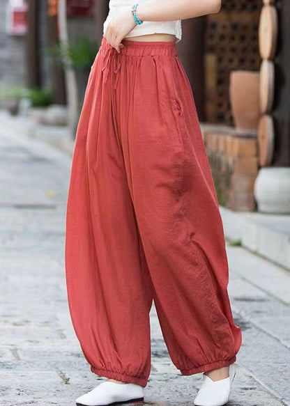 Rust Lace Up Linen Crop Pants Elastic Waist