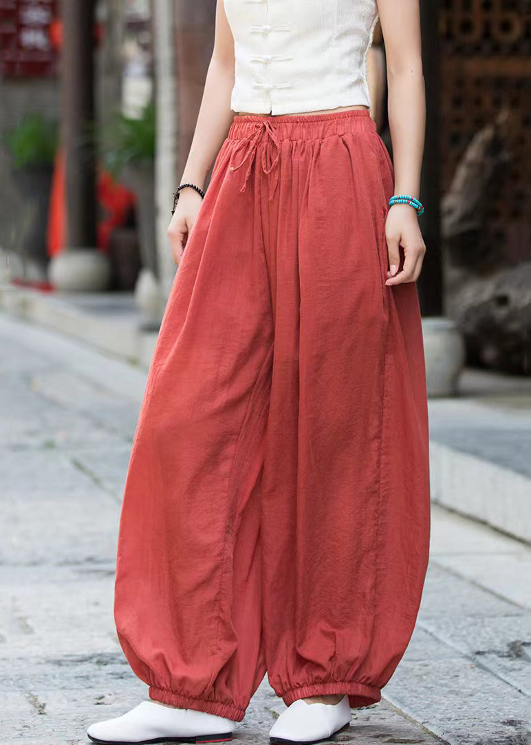 Rust Lace Up Linen Crop Pants Elastic Waist