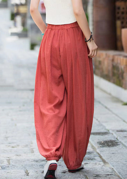 Rust Lace Up Linen Crop Pants Elastic Waist