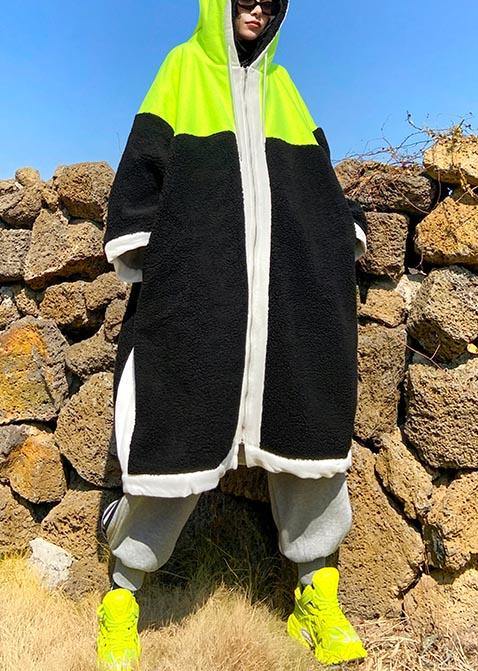 Mid-length Coats Green Hooded Patchwork Teddy Coat
