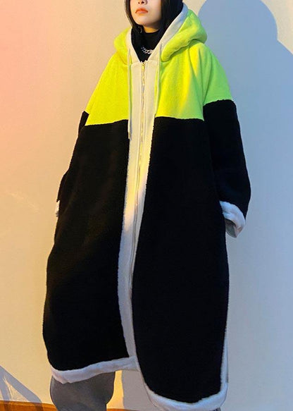 Mid-length Coats Green Hooded Patchwork Teddy Coat