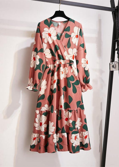 Natural Print Chiffon Clothes for V Neck Wrinkled Art Dresses