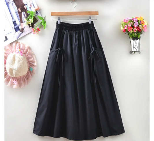 Black Cinched Pockets Elastic Waist Patchwork Cotton Skirt Fall
