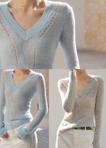 Sea Blue Knit Shirts V Neck Hollow Out Spring