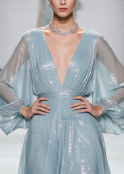 Sea Blue Tulle Mini Dresses Sequins Sheer Summer