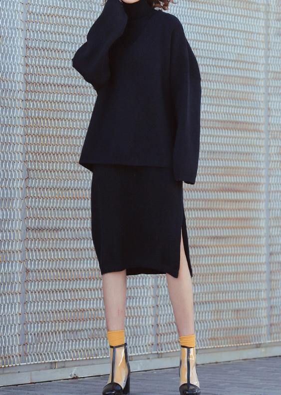 Set Female Large Size Turtleneck Sweater Suit Skirt Black Two-piece Long Paragraph Over the Knee