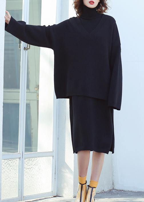 Set Female Large Size Turtleneck Sweater Suit Skirt Black Two-piece Long Paragraph Over the Knee