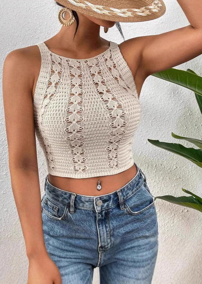 Sex Beige O-neck Hollow Out Knit Vest Summer