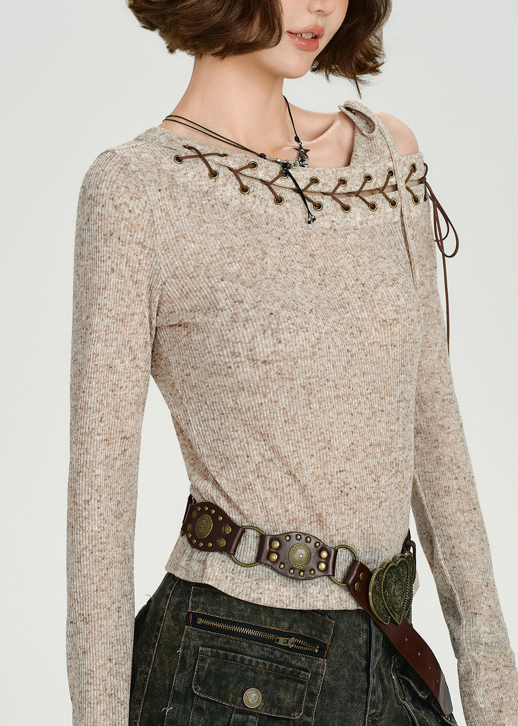 Apricot Asymmetrical Tie Lace Cotton Knit Sweaters Top Fall