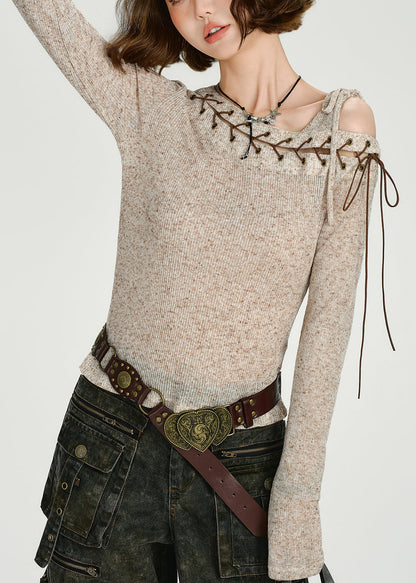 Apricot Asymmetrical Tie Lace Cotton Knit Sweaters Top Fall