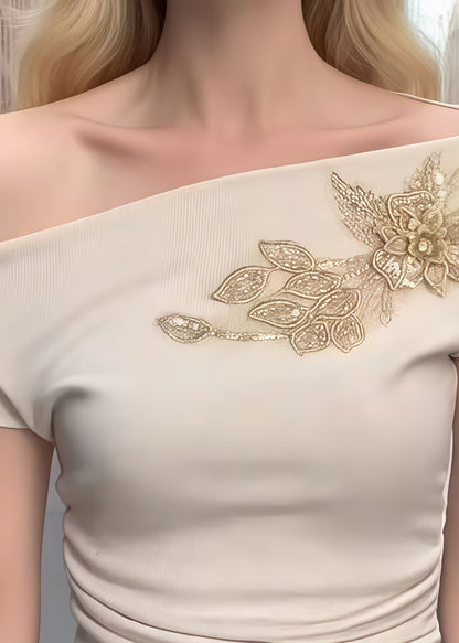 Beige Embroideried Cotton One Shoulder Tops Summer