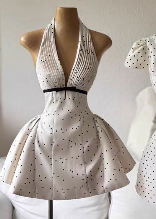 Beige V Neck Backless Dot Cotton Mini Dress Sleeveless