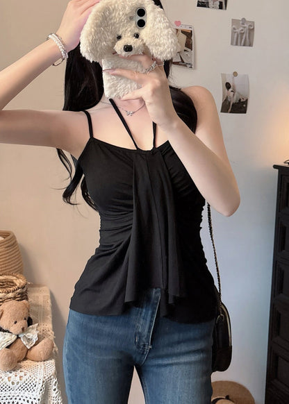 Black Asymmetrical Cotton Halter Vest Summer