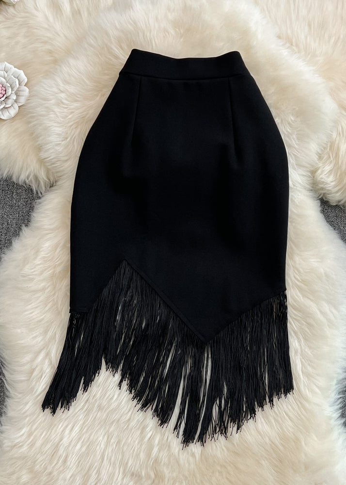 Black Asymmetrical High Waist Tassel Skirt Spring