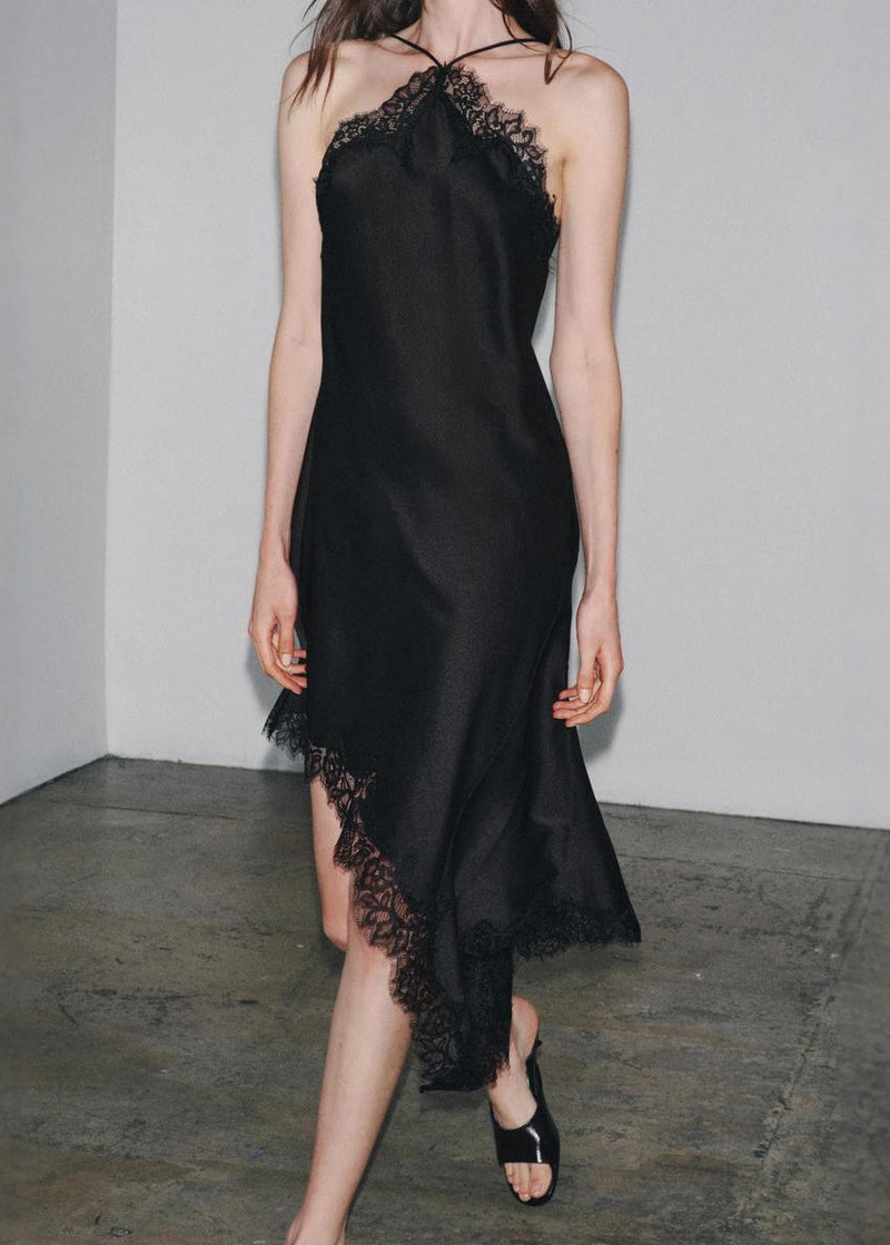 Black Asymmetrical Lace Patchwork Silk Dresses Sleeveless