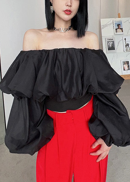 Black Cold Shoulder Wrinkled Chiffon Blouses Spring