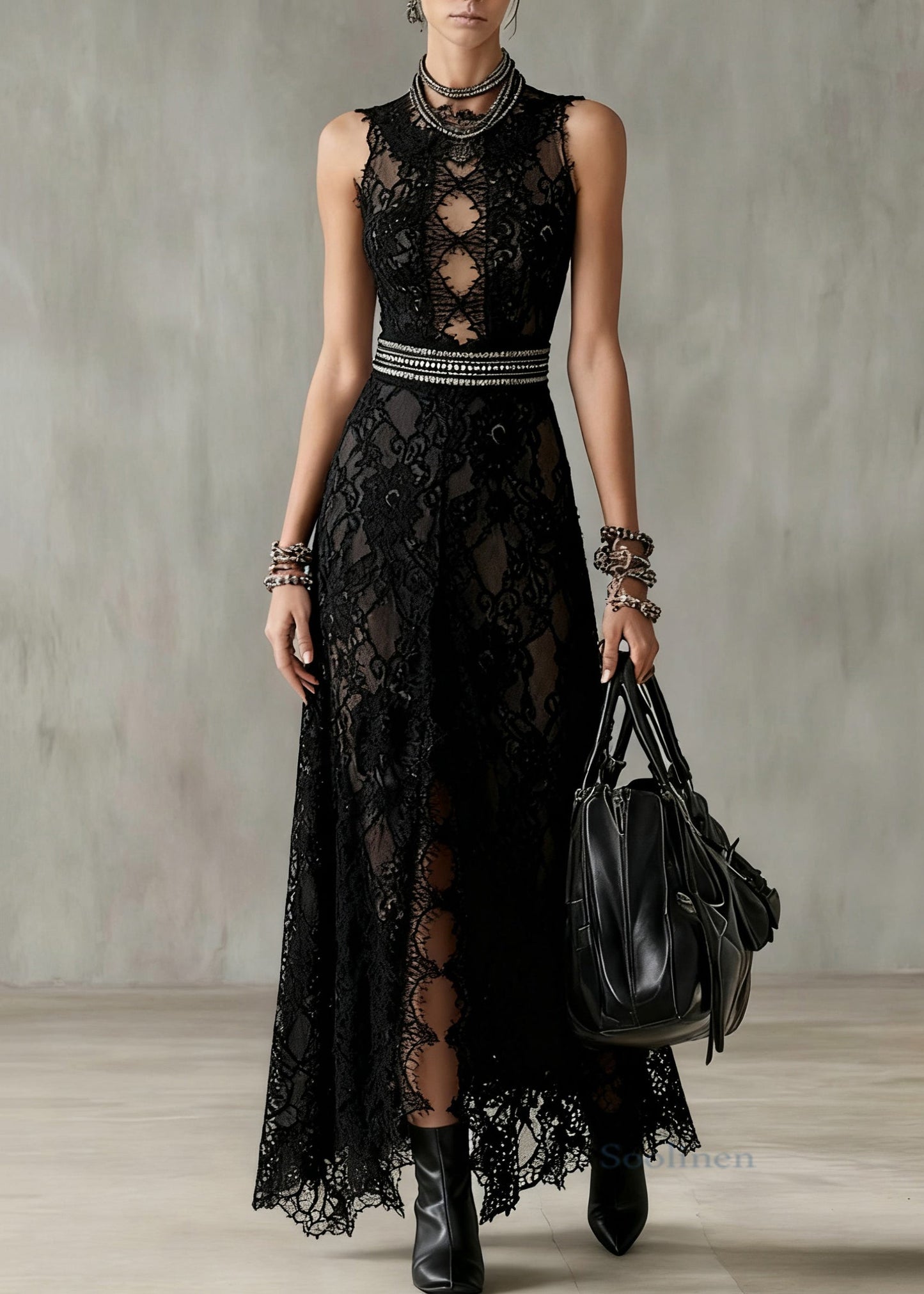 Black Hollow Out Side Open Lace Long Dresses Sleeveless