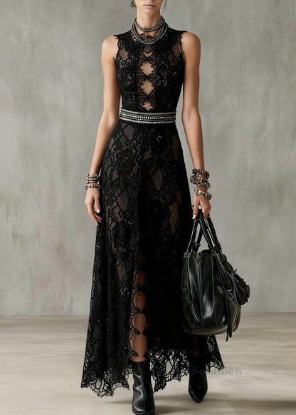 Black Hollow Out Side Open Lace Long Dresses Sleeveless