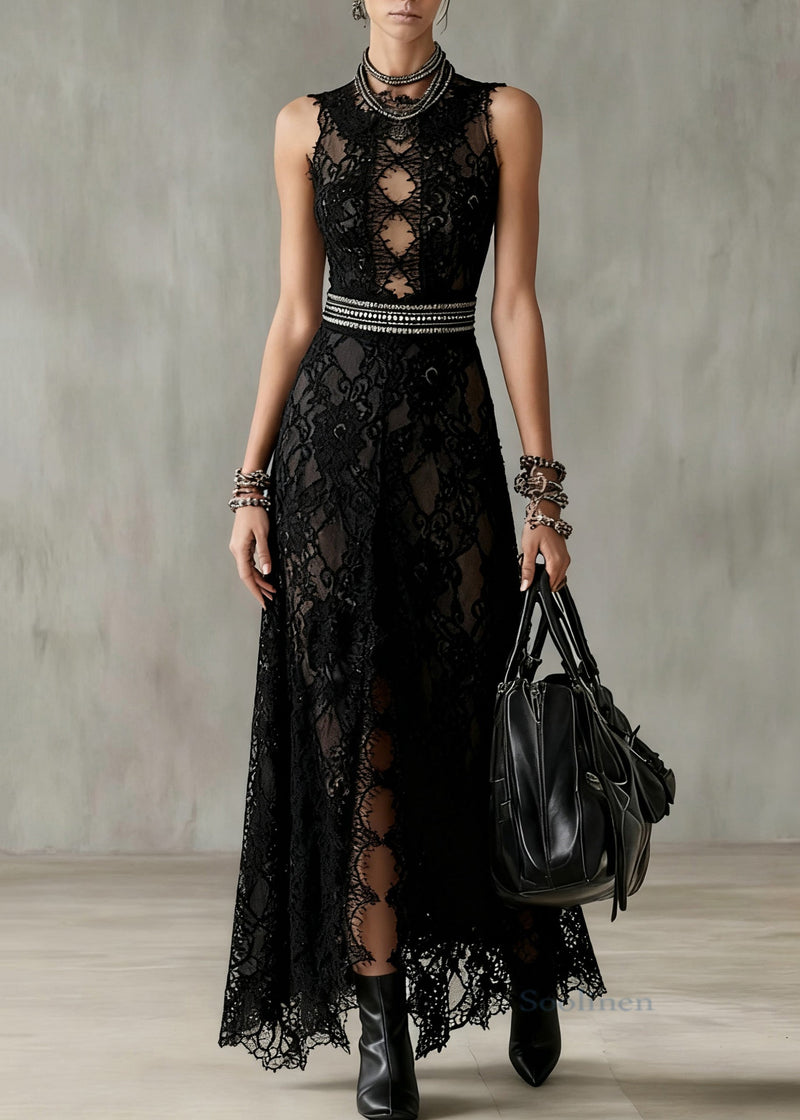 Black Hollow Out Side Open Lace Long Dresses Sleeveless