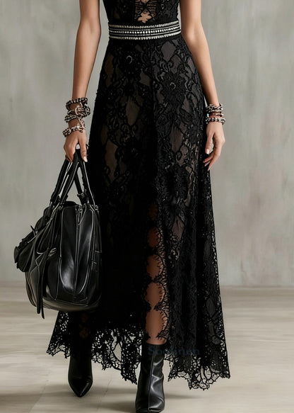 Black Hollow Out Side Open Lace Long Dresses Sleeveless