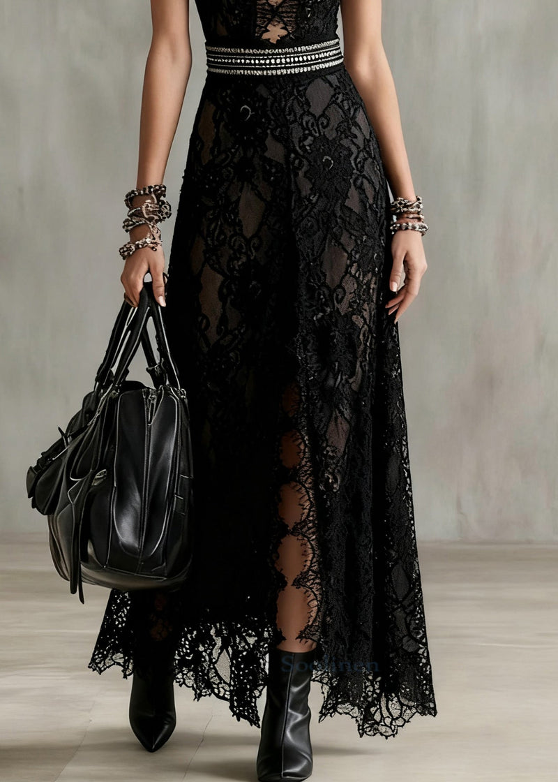 Black Hollow Out Side Open Lace Long Dresses Sleeveless