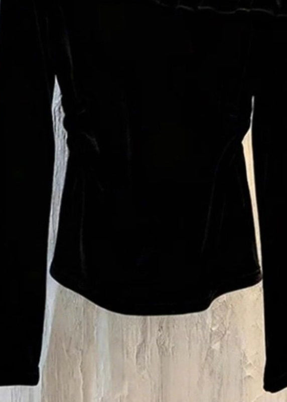 Sexy Black Lace Patchwork Silk Velour Top Spring