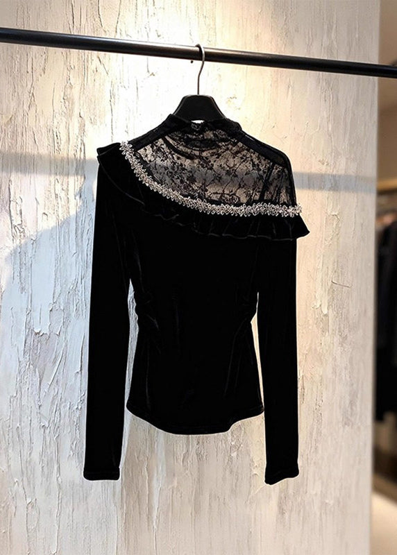 Sexy Black Lace Patchwork Silk Velour Top Spring