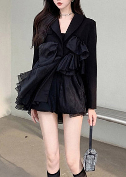Black Notched Asymmetrical Patchwork Mini Pleated Dress Long Sleeve