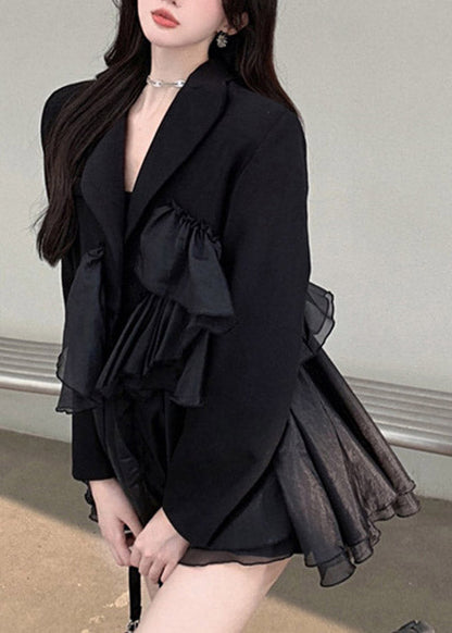 Black Notched Asymmetrical Patchwork Mini Pleated Dress Long Sleeve