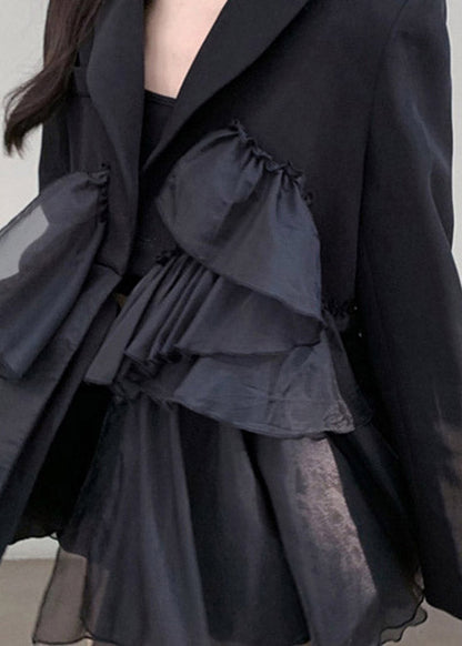 Black Notched Asymmetrical Patchwork Mini Pleated Dress Long Sleeve