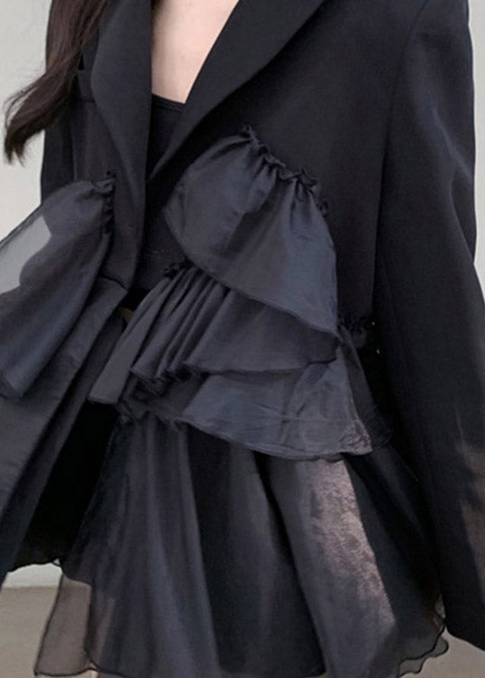 Black Notched Asymmetrical Patchwork Mini Pleated Dress Long Sleeve