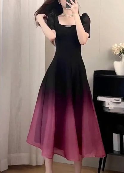 Black O-neck Gradient Color Long Dresses Short Sleeve