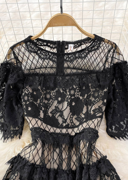 Black O-neck Hollow Out Tunic Lace Long Dress Short Sleeve