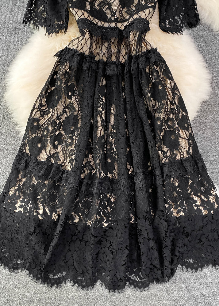 Black O-neck Hollow Out Tunic Lace Long Dress Short Sleeve