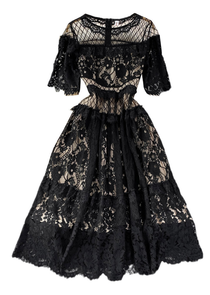 Black O-neck Hollow Out Tunic Lace Long Dress Short Sleeve