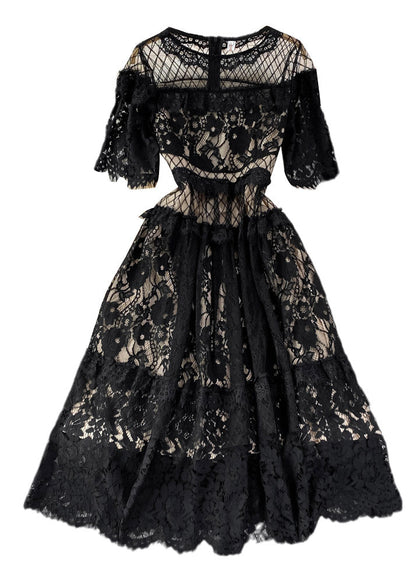 Black O-neck Hollow Out Tunic Lace Long Dress Short Sleeve