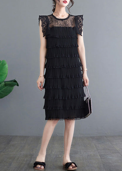 Black O-neck Tulle Patchwork Vacation Long Layered Dresses Summer