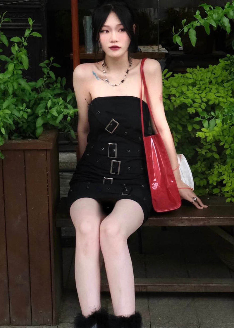 Black Original Design Slim Fit Cotton Mid Wraped Dress Sleeveless