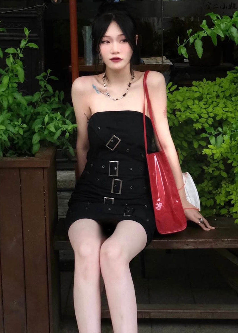 Black Original Design Slim Fit Cotton Mid Wraped Dress Sleeveless
