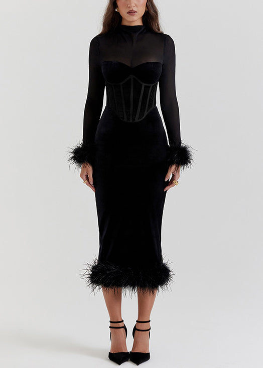 Black Patchwork Silk Velvet Dinner Dress