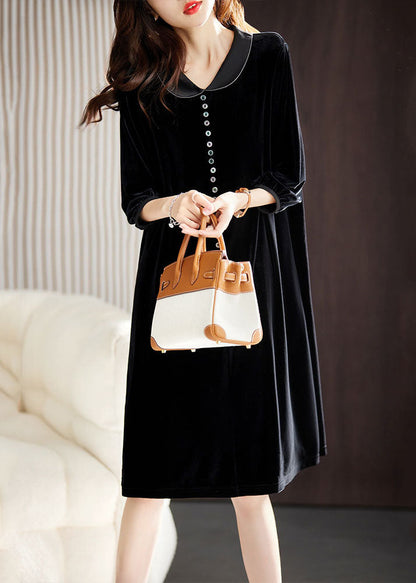 Black Peter Pan Collar Button Holiday Maxi Dress Fall