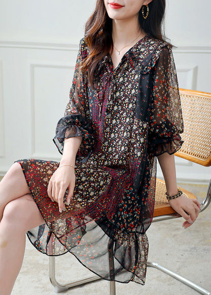Black Peter Pan Collar Print Tie Waist Chiffon Mid Dress Half Sleeve