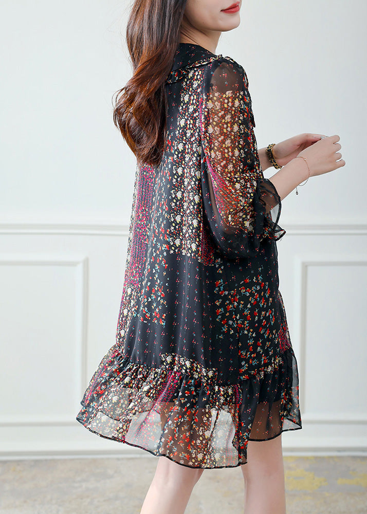 Black Peter Pan Collar Print Tie Waist Chiffon Mid Dress Half Sleeve