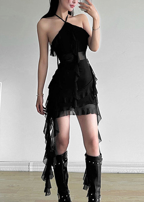 Black Ruffled Lace Up Tulle Mid Dress Sleeveless