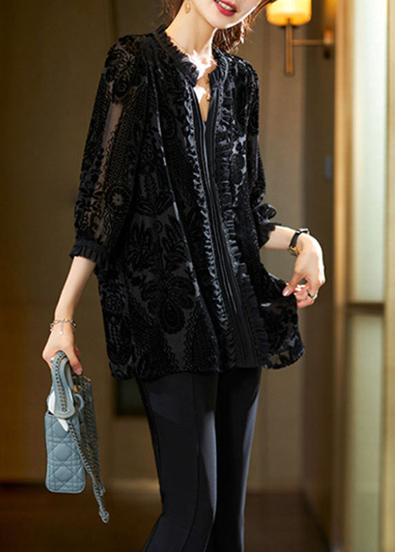 Black Ruffled Patchwork Velour Shirts Fall