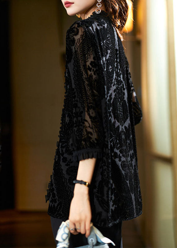 Black Ruffled Patchwork Velour Shirts Fall